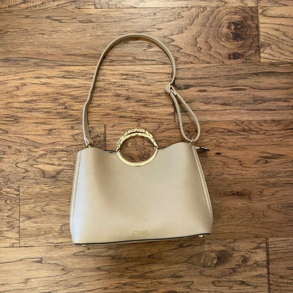 Luella Grey London Beige Snakeskin Satchel Handbag Gold Ring Handle Crossbody
